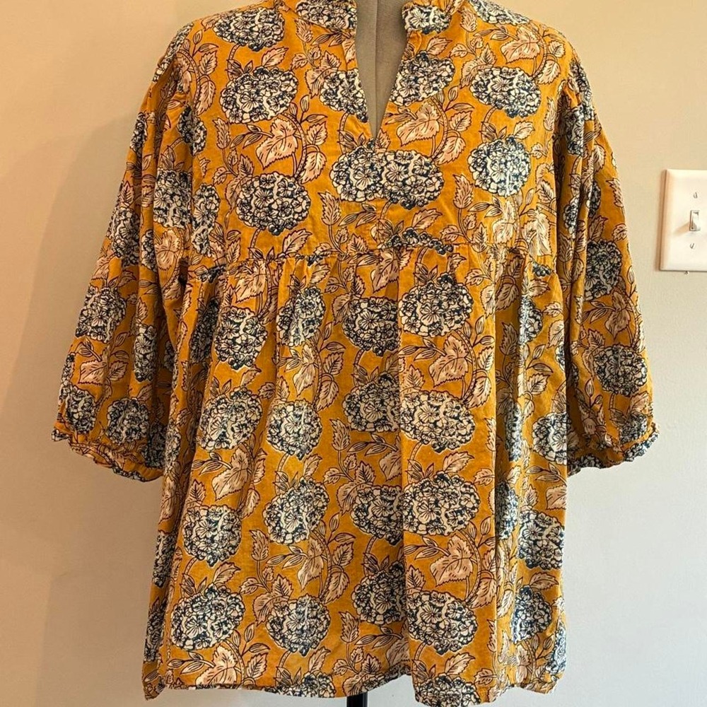 Fox & hem Mustard Yellow Floral Hydrangea Babydoll Tunic Top XL